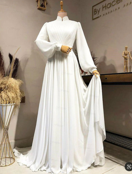 Hall Vintage 1940s / 1950s Casual Wedding Dresses Court Train A-Line Long Sleeve High Neck Chiffon With Pleats Solid Color