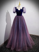 A-Line Prom Dresses Sparkle & Shine Dress Prom Floor Length Short Sleeve Scoop Neck Tulle with Sequin