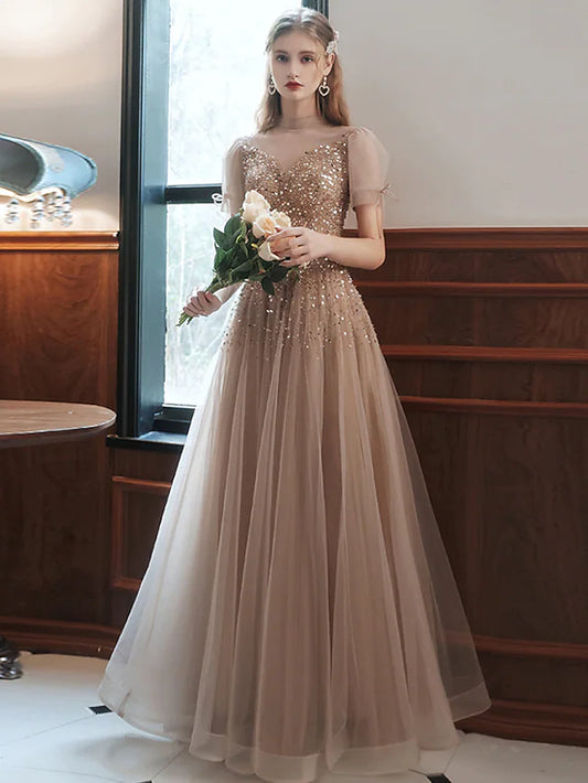 A-Line Prom Dresses Sparkle Dress Engagement Floor Length Sleeveless High Neck Tulle with Bow(s) Beading Sequin