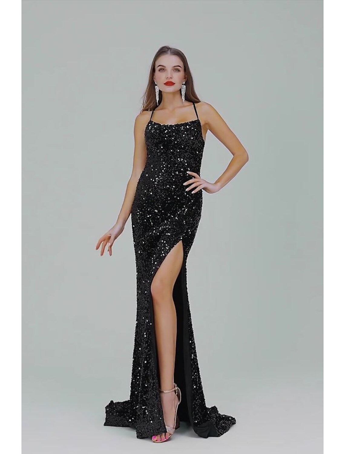 Mermaid / Trumpet Evening Gown Elegant Dress Party Wear Court Train Sleeveless Spaghetti Strap Lace Crisscross Back with Sequin Slit