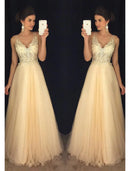 A-Line Prom Dresses Sparkle & Shine Dress Formal Floor Length Sleeveless V Neck Tulle V Back with Beading Appliques