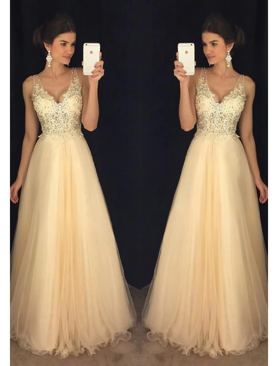 A-Line Prom Dresses Sparkle & Shine Dress Formal Floor Length Sleeveless V Neck Tulle V Back with Beading Appliques