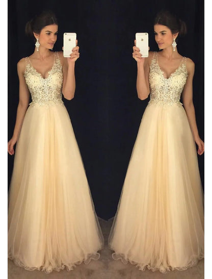 A-Line Prom Dresses Sparkle & Shine Dress Formal Floor Length Sleeveless V Neck Tulle V Back with Beading Appliques