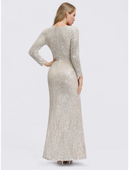 Sheath / Column Sexy Furcal Formal Evening Dress Plunging Neck Long Sleeve Floor Length Sequined with Sequin Split Front