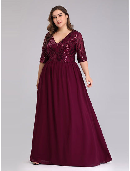 A-Line Prom Dresses Plus Size Dress Wedding Guest Floor Length Half Sleeve Plunging Neck Chiffon