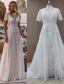 Beach Boho Wedding Dresses Court Train A-Line Short Sleeve High Neck Lace With Appliques