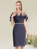 Sheath / Column Cocktail Dresses Convertible Dress Wedding Guest Knee Length Short Sleeve Strapless Lace with Lace Insert Appliques