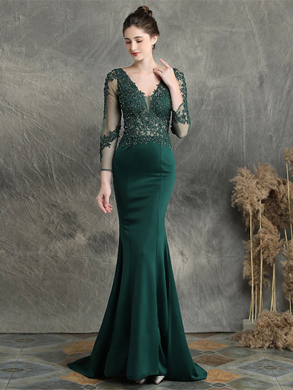 Mermaid / Trumpet Prom Dresses Elegant Dress Formal Sweep / Brush Train Long Sleeve V Neck Cotton Blend with Beading Appliques