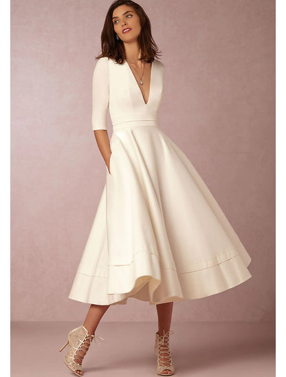 A-Line Special Occasion Dresses Party Dress Holiday Tea Length Half Sleeve V Neck Pocket Jersey with Pleats