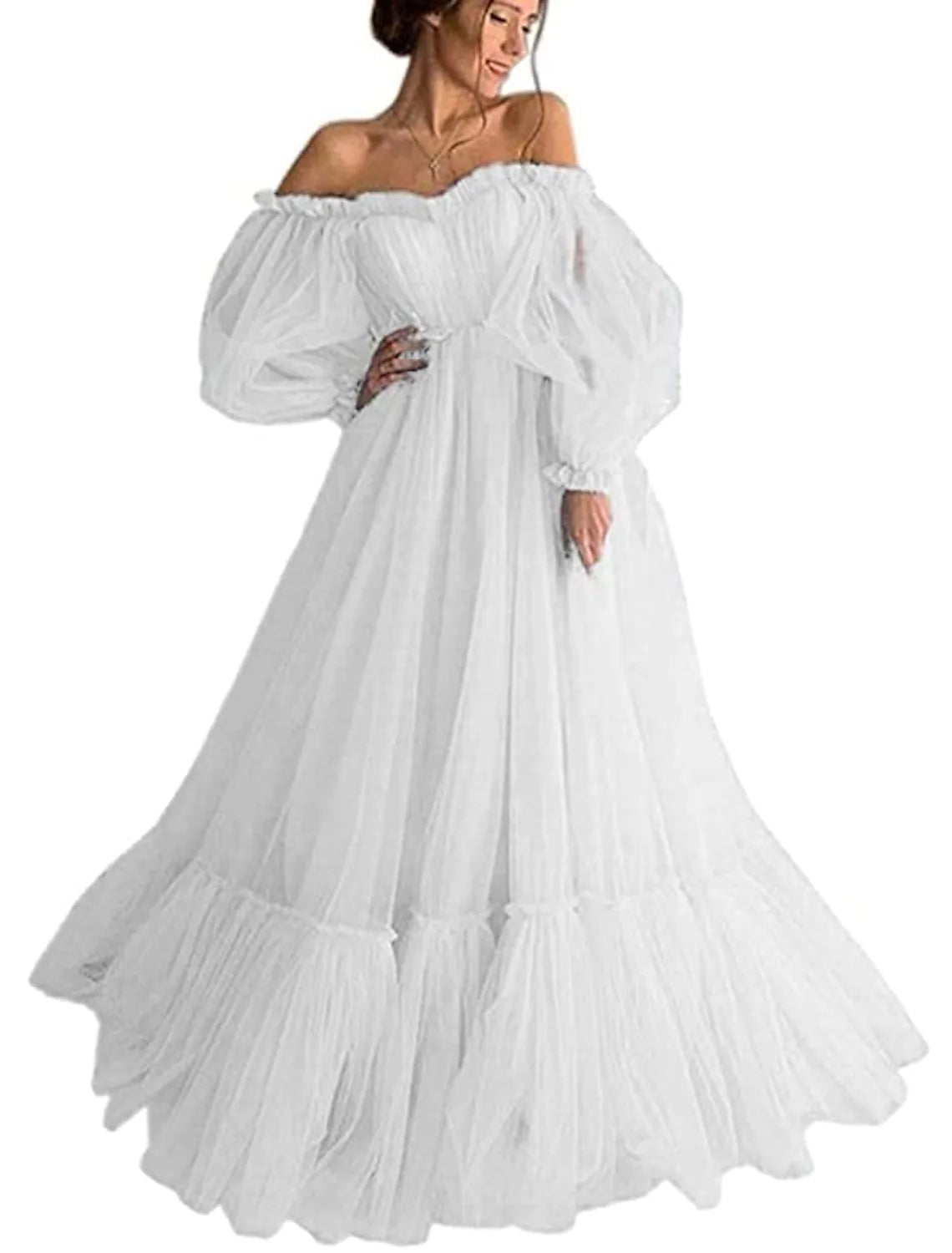 A-Line Minimalist Elegant Engagement Prom Dress Off Shoulder Long Sleeve Floor Length Tulle with Pleats Appliques