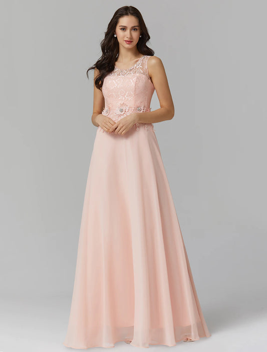 A-Line Empire Dress Wedding Guest Floor Length Sleeveless Illusion Neck Chiffon with Beading Appliques