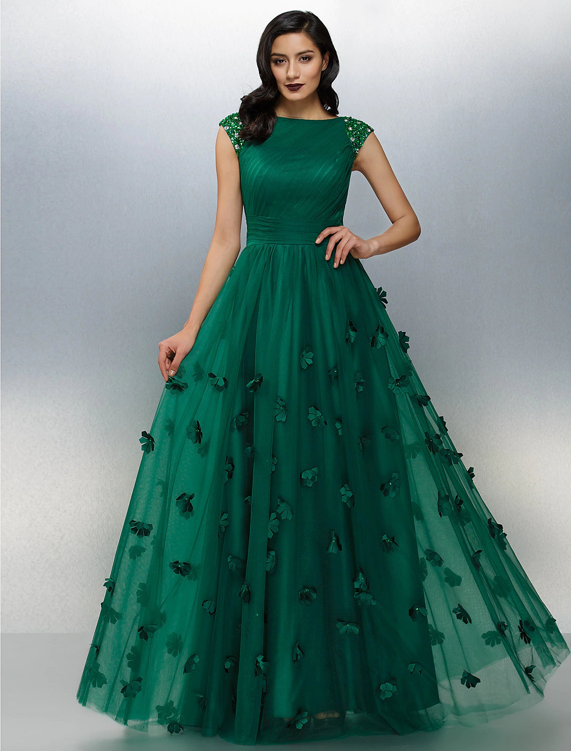 A-Line Floral Dress Wedding Guest Floor Length Short Sleeve Boat Neck Tulle with Crystals Appliques