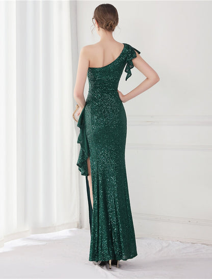 Mermaid / Trumpet Elegant Sexy Wedding Guest Formal Evening Dress One Shoulder V Back Sleeveless Floor Length Sequined with Sequin Slit