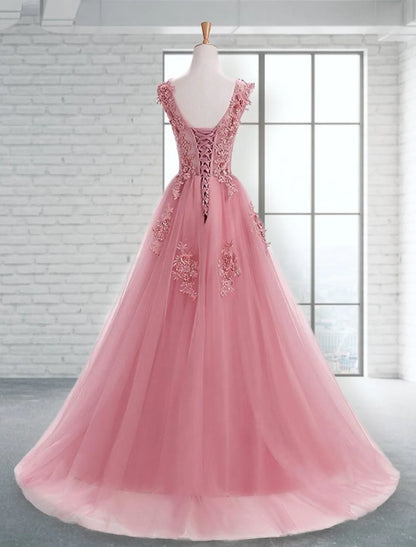 A-Line Prom Dresses Elegant Dress Wedding Guest Sweep / Brush Train Sleeveless Jewel Neck Tulle with Appliques