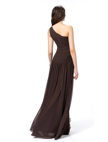 A-Line Elegant Sexy Party Wear Formal Evening Dress One Shoulder Backless Sleeveless Floor Length Chiffon with Slit Lace Insert